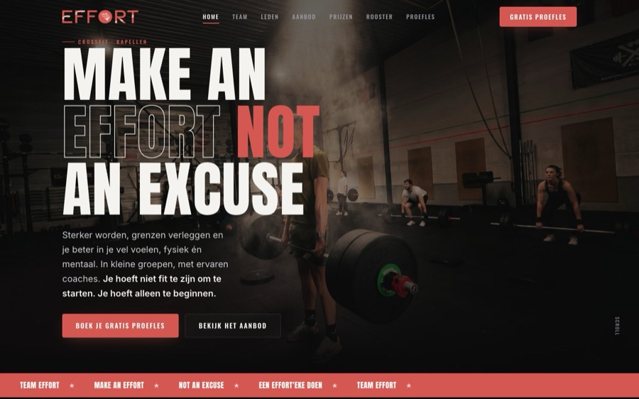 De homepage van Effort België: een sportzaal met de kop “make an effort, not an excuse”.